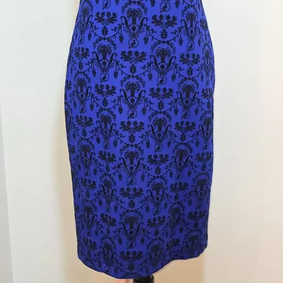 Vintage Royal Blue Black Velvet Flocked Damask Regencycore Dress Bodycon SZ S - Picture 3 of 6